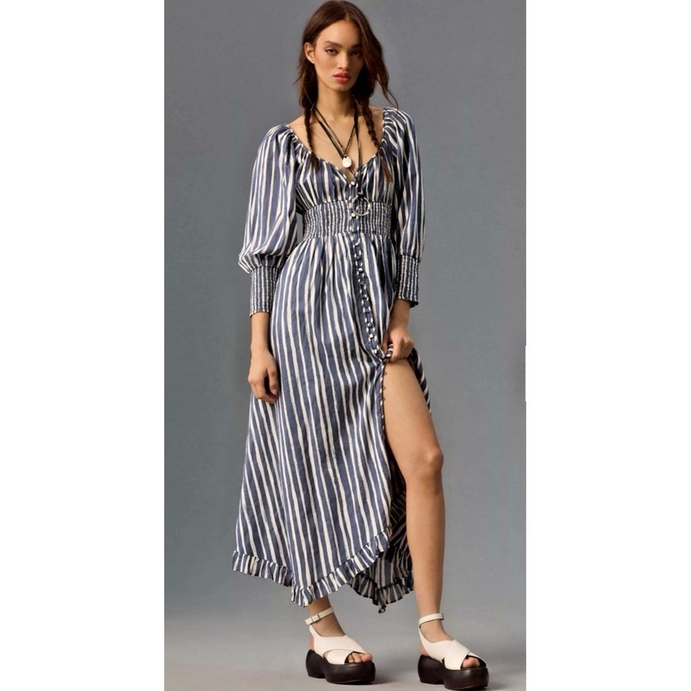 Anthropologie Women Size XS Long-Sleeve Striped Sweetheart Midi Dress Bohemian